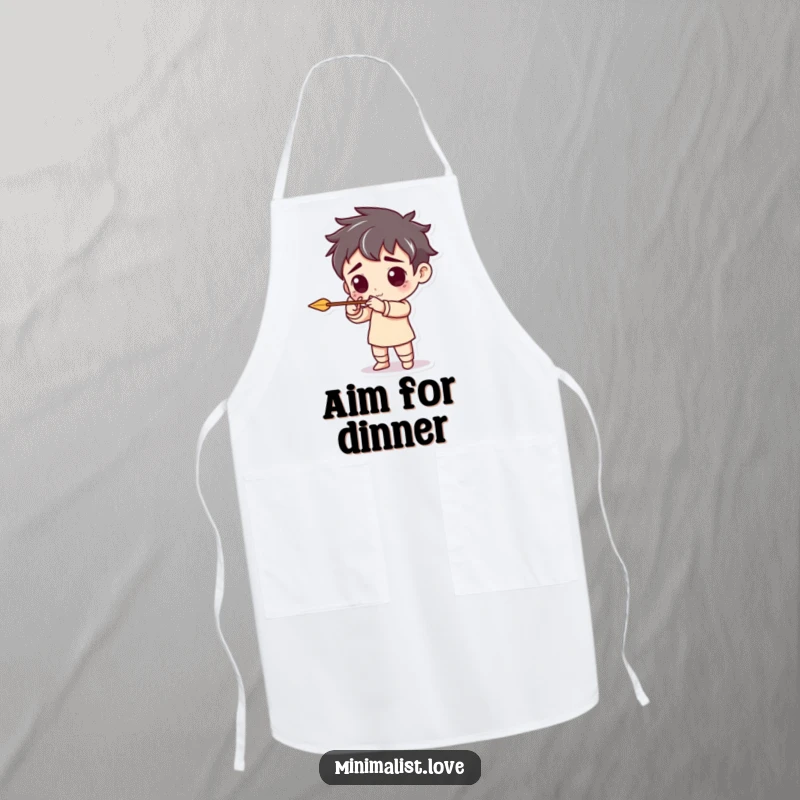 Funny apron featuring a character pretending to aim a tiny, minimalist arrow, perfect for cooking with focus and fun.