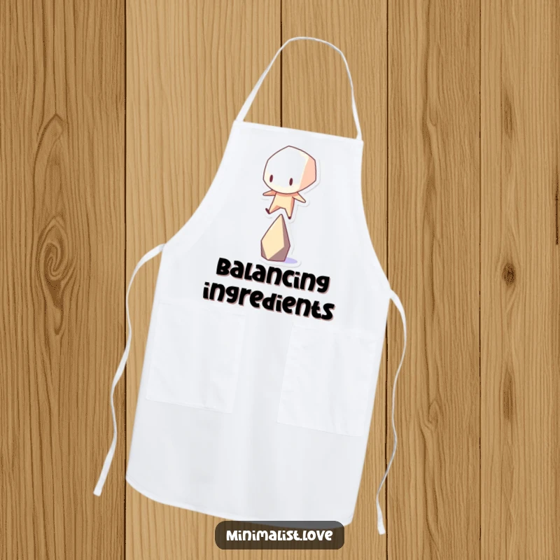 Funny stark geometric shape character attempting to balance on a single point, featured on a kitchen apron.