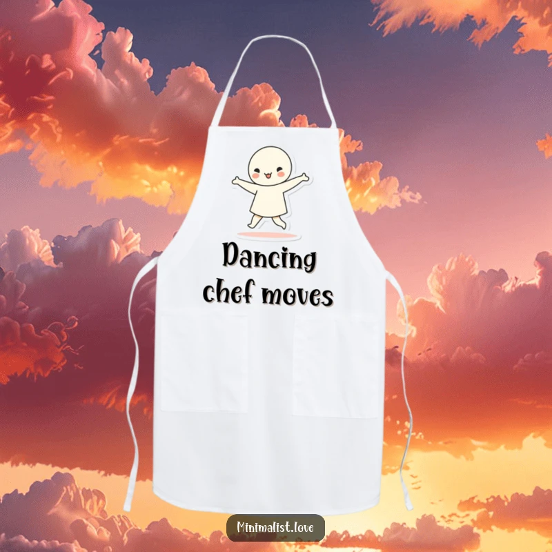 Funny minimalist character dancing with simple geometric shapes, on a kitchen apron. Humorous and functional for creative cooks.