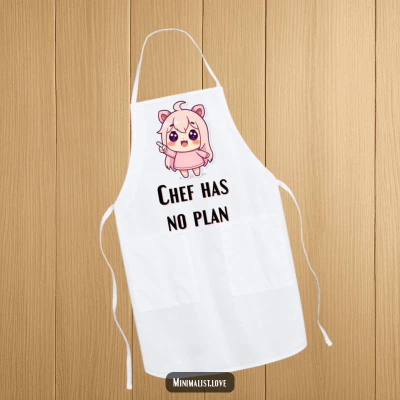 Funny apron with a character pointing enthusiastically at a clean, empty space, for kitchen fun.