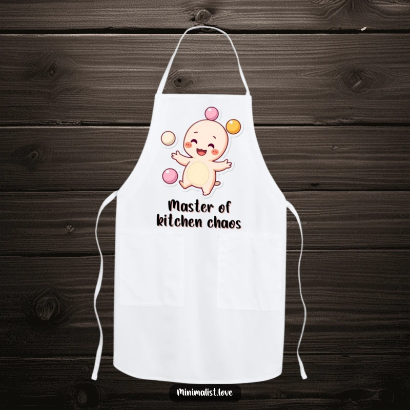 Funny Apron showing a grinning character with dots for cheeks, juggling items, ready for kitchen fun. Excellent funny gift.
