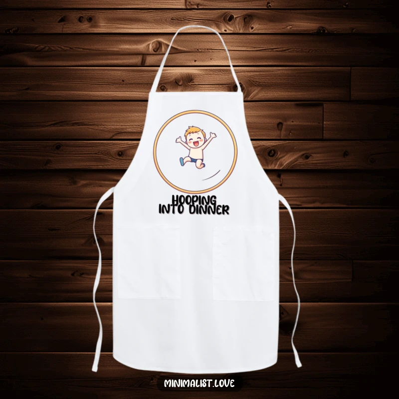 Funny cheerful figure apron showing a dynamic leap through a clean, linear hoop, symbolizing effort.