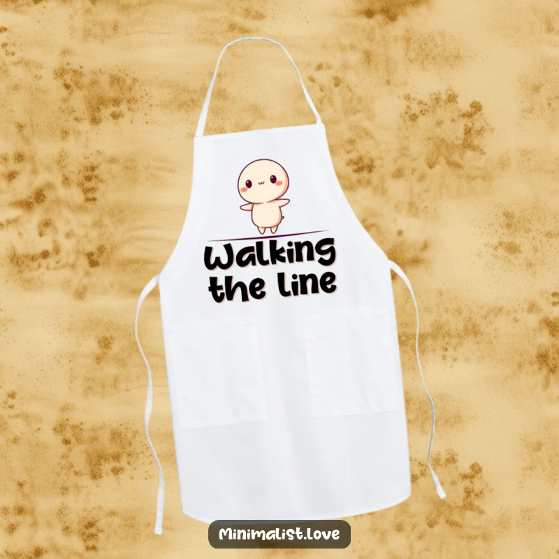 Funny Apron featuring a minimalist character precariously balancing on a thin line, great for the kitchen.