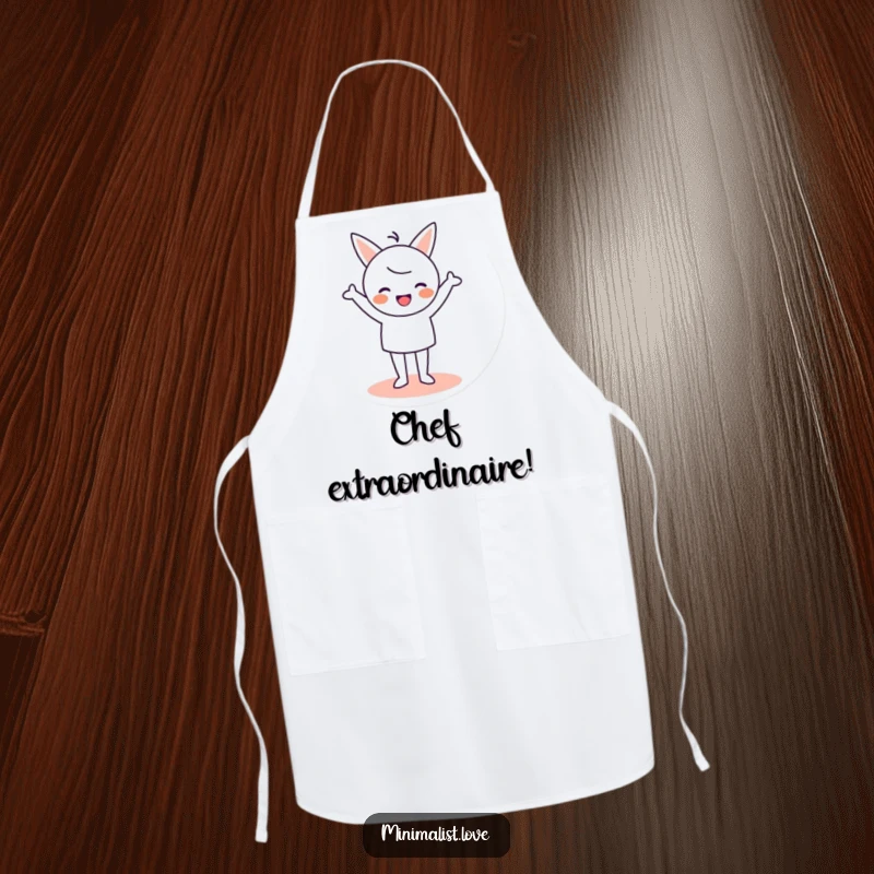 Funny Apron featuring a minimalist character cheering joyfully while standing on a circle, great for the kitchen.
