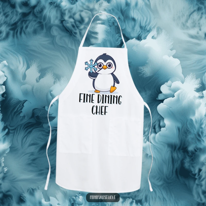 Funny apron with a penguin wearing a monocle, balancing a delicate snowflake, perfect for sophisticated kitchen endeavors.