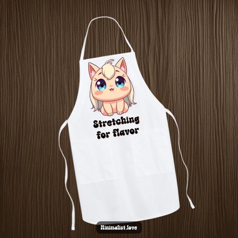 Funny apron showing a character with wide, happy eyes stretching gracefully upwards, perfect for kitchen fun and serene moments.