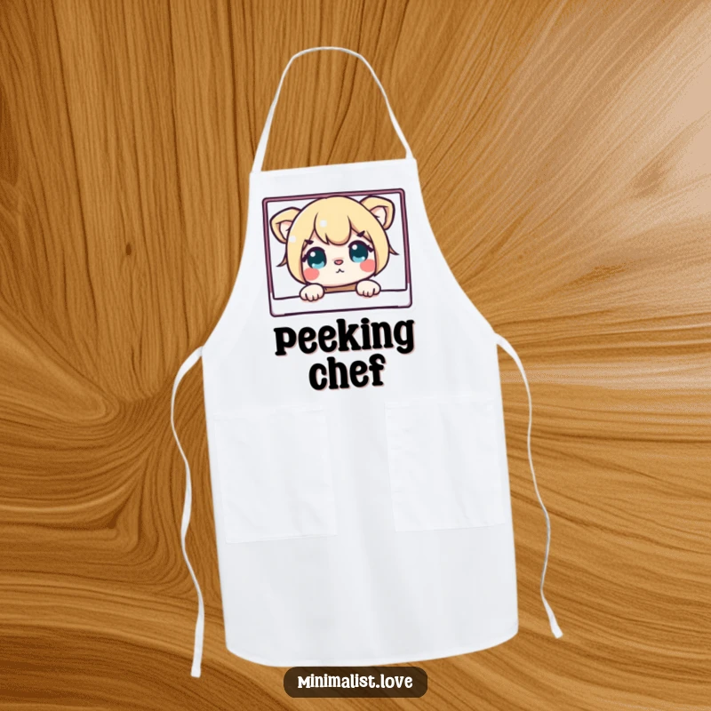 Funny kitchen apron with a curious character peeking from behind a spotless rectangle, adding humor to cooking and baking tasks.