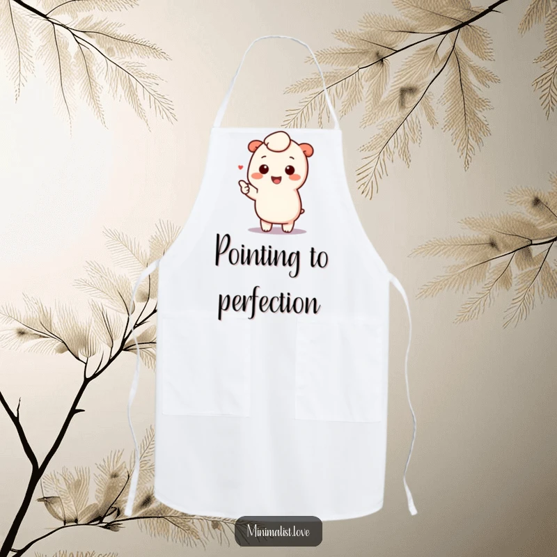 Funny kawaii character joyfully pointing towards a minimalist element, displayed on a functional apron, adding playful charm to cooking tasks.