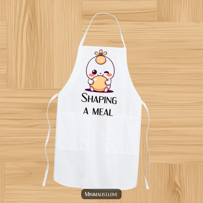 Funny kawaii character with a goofy grin interacting with a simple shape, displayed on a functional apron, adding playful charm and silliness to cooking tasks.