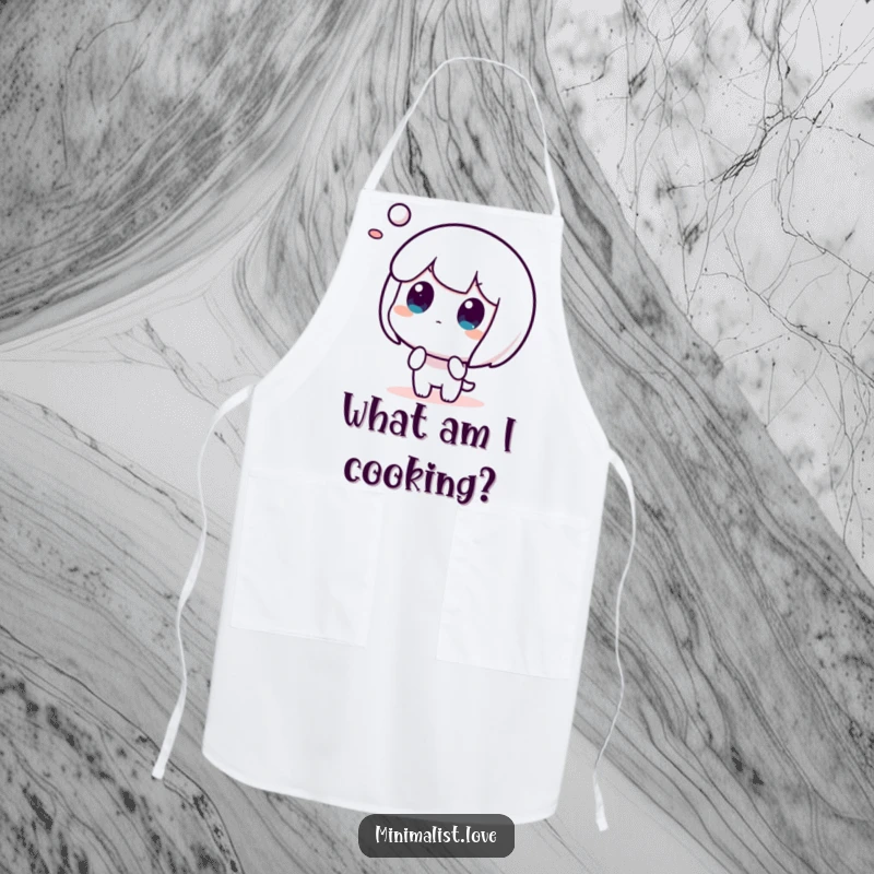 Funny apron featuring a character looking surprised by an abstract shape, for culinary fun.