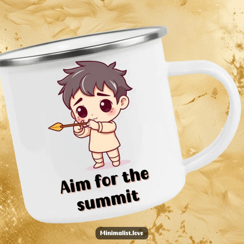 Funny camping mug featuring a character pretending to aim a tiny, minimalist arrow, perfect for outdoor focus and enjoyment.