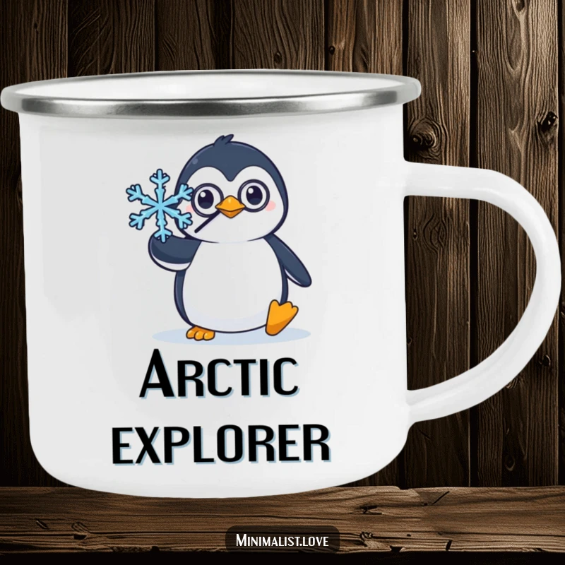 Funny camping mug with a penguin wearing a monocle, balancing a snowflake, ideal for stylish outdoor enjoyment.