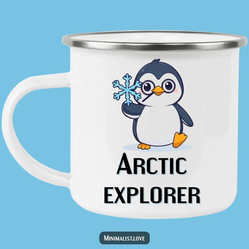 Funny Penguin Monocle Camping Mug: Dapper drinks with a balancing penguin, a perfect funny gift.