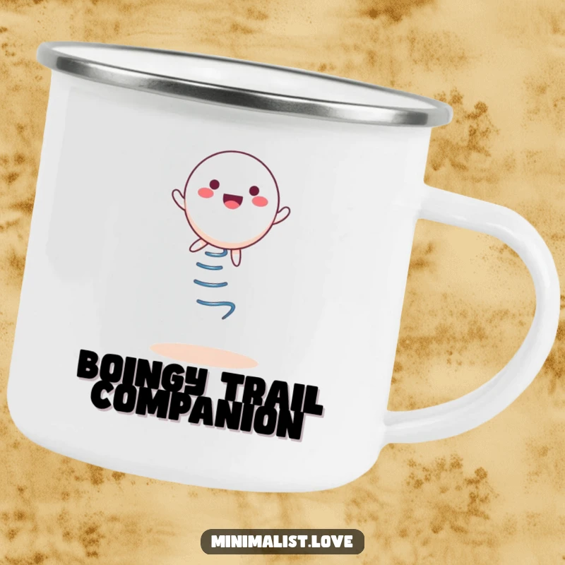 Funny Camping Mug, a round character bouncing on a spring, for outdoor adventures.
