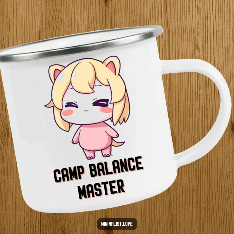 Funny camping mug showing a character winking cheekily while standing in perfect balance, ideal for outdoor enjoyment.
