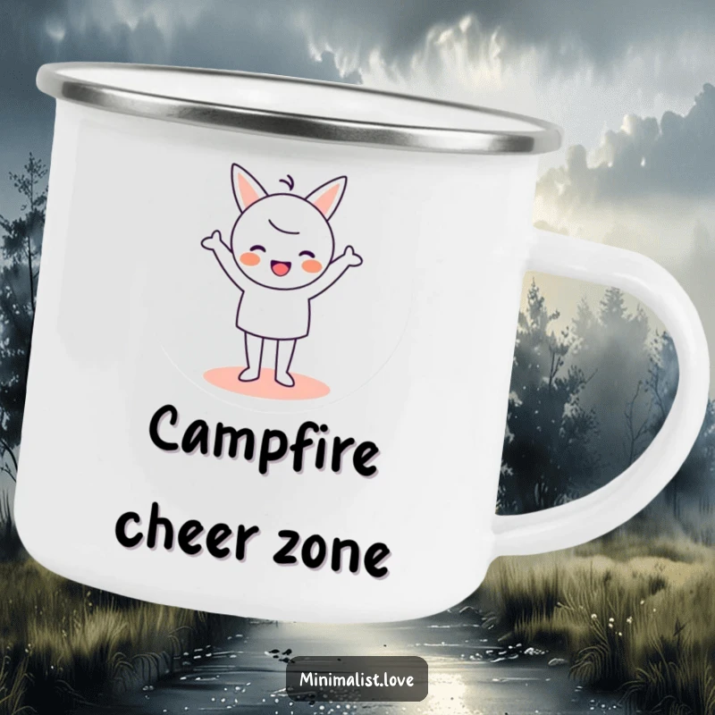 Funny Camping Mug shows a minimalist character cheering joyfully while standing on a circle, perfect for outdoor trips.