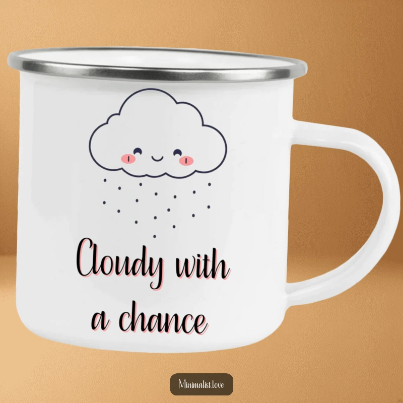 Funny minimalist cloud camping mug smiling and raining perfect dots, durable for outdoor fun.