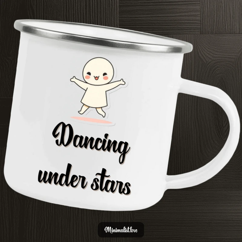 Funny minimalist character dancing with simple geometric shapes, on a camping mug. Humorous and durable for outdoor enjoyment.