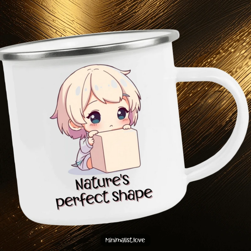 Funny camping mug showing a character thoughtfully observing a cube, great for travel and contemplation.