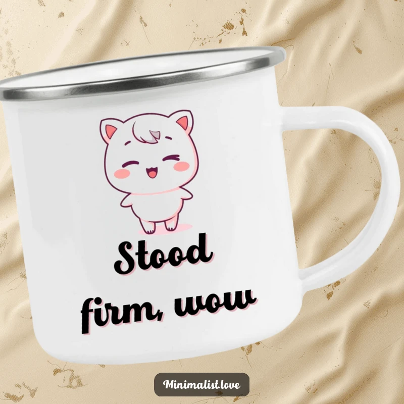 Funny kawaii character winking on a stark background, on a sturdy camping mug, combining cute design with outdoor practicality and humor.