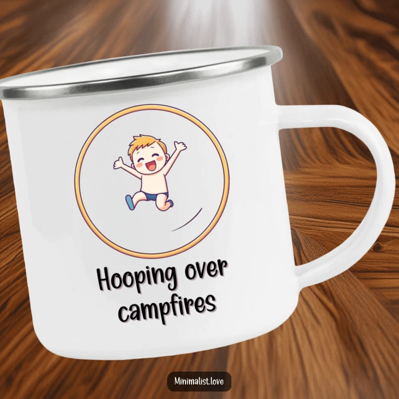 Funny cheerful figure camping mug depicting a dynamic leap through a clean, linear hoop, for ambitious campers.