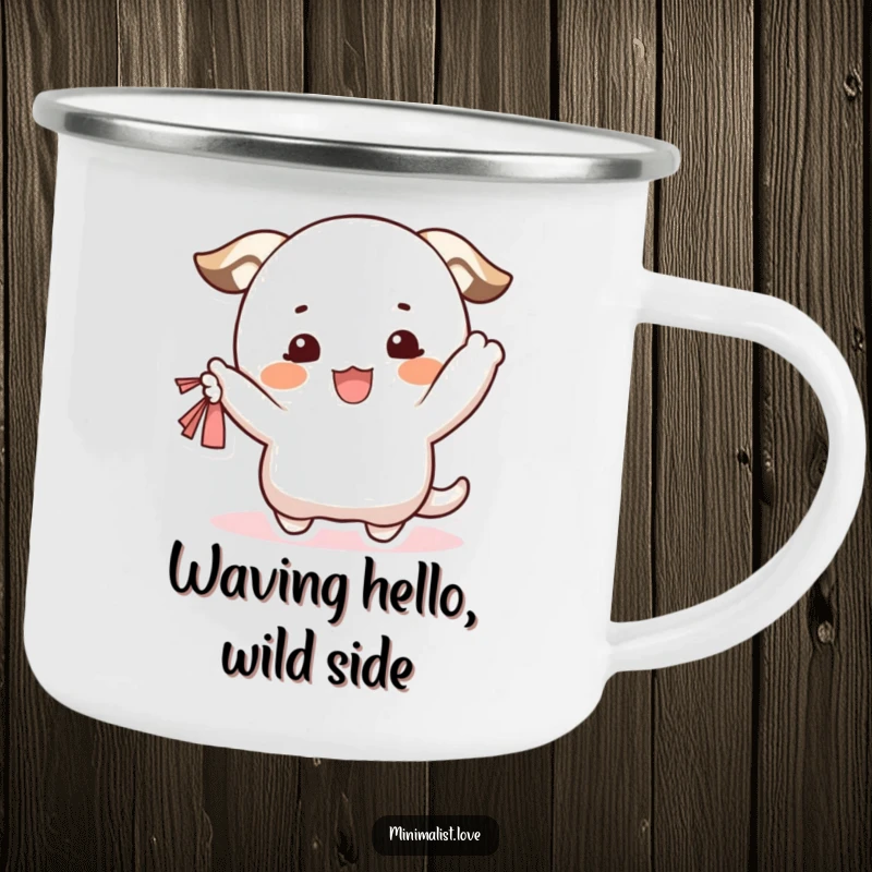 Funny Camping Mug of a happy character with blushing cheeks, waving a small fabric. Great funny gift.