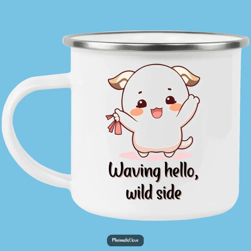Funny Waving Character Camping Mug: Happy Blush Pal, Outdoor Funny Gift!
