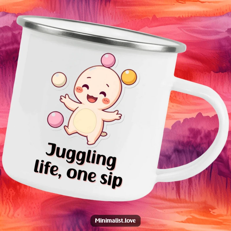 Funny Camping Mug featuring a grinning character with dots for cheeks, juggling spheres, perfect for outdoor fun. Great funny gift.