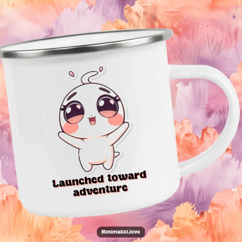 Funny Camping Mug of a bubbly character with large eyes, comically launched upwards. Great funny gift.