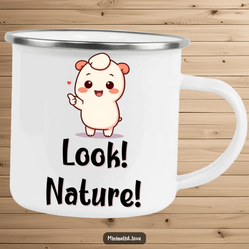 Funny kawaii character pointing towards a minimalist element, on a sturdy camping mug, combining cute design with outdoor practicality.