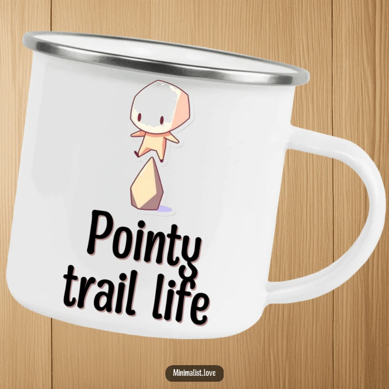 Funny stark geometric shape character precariously balancing on a single point, on a durable camping mug.