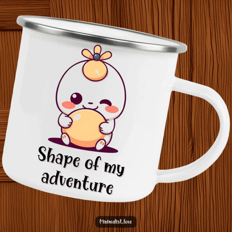 Funny kawaii character with a goofy grin interacting with a shape, on a sturdy camping mug, combining cute design with outdoor practicality and humor.