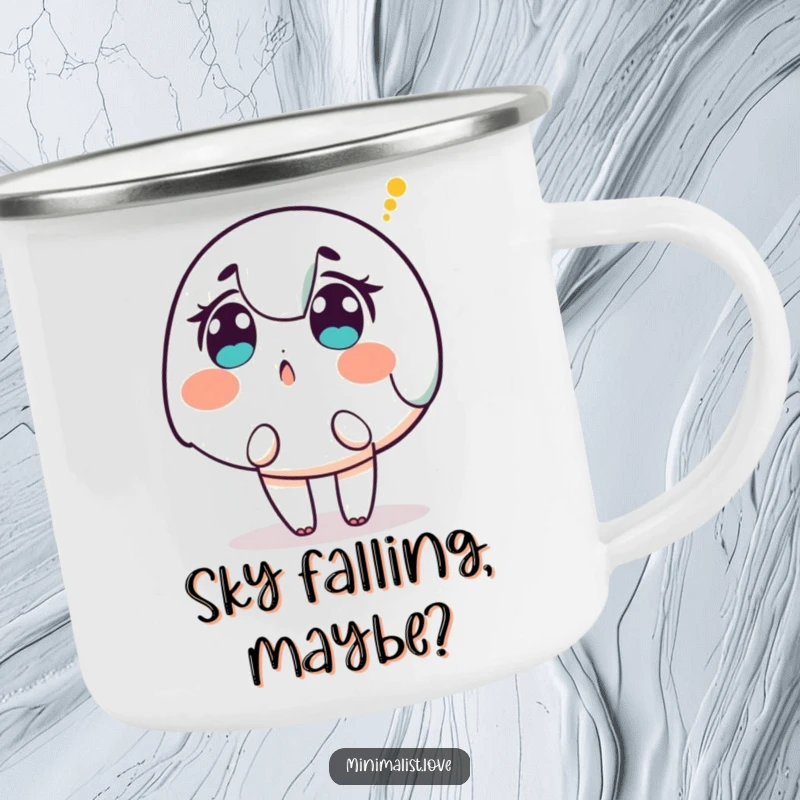 Funny Character Camping Mug: A sturdy mug depicting a surprised character looking up at a descending dot, for outdoor curiosity.