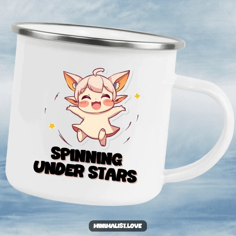 Funny Camping Mug of a small character with pointed ears, spinning joyfully. Great funny gift.