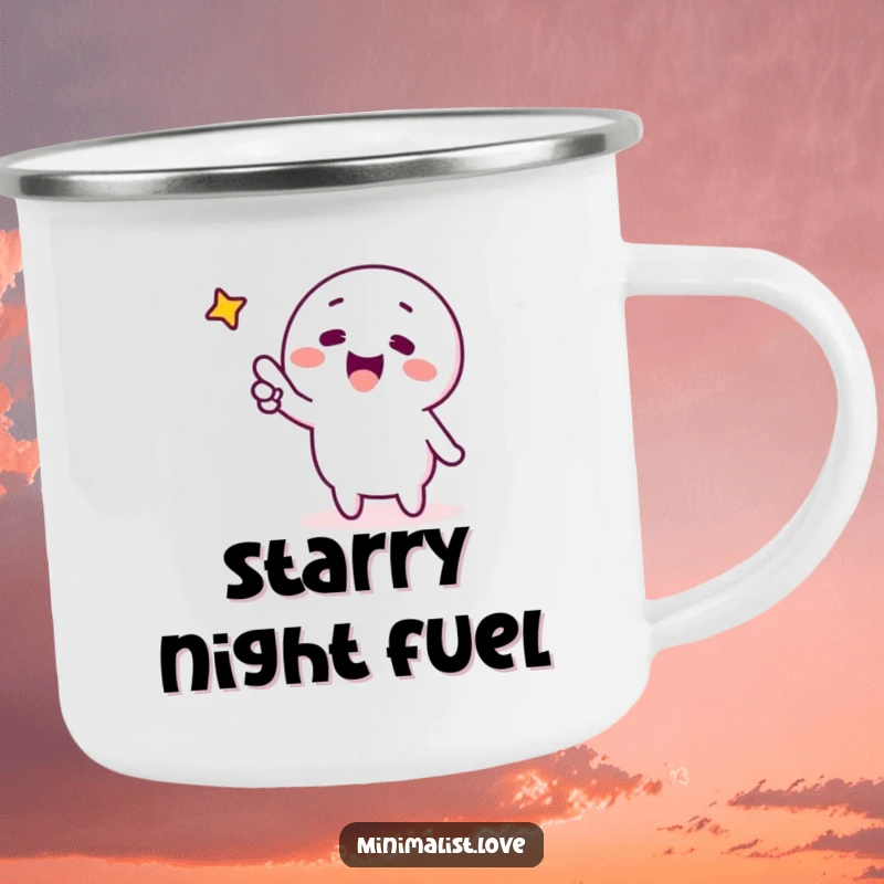 Funny minimalist character excitedly pointing at a single star, on a camping mug. Humorous and durable for outdoor enjoyment.