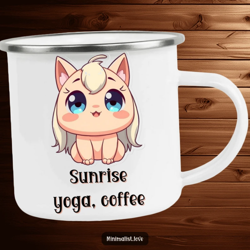 Funny camping mug showing a character with wide, happy eyes stretching gracefully upwards, ideal for outdoor relaxation.