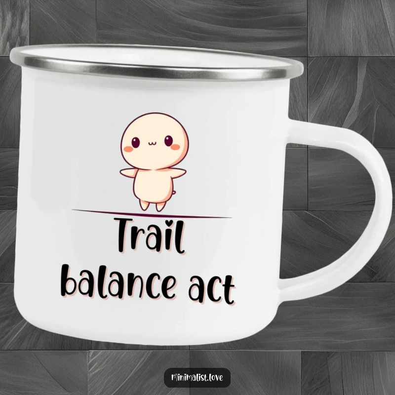Funny Camping Mug shows a minimalist character precariously balancing on a line, perfect for outdoor trips.