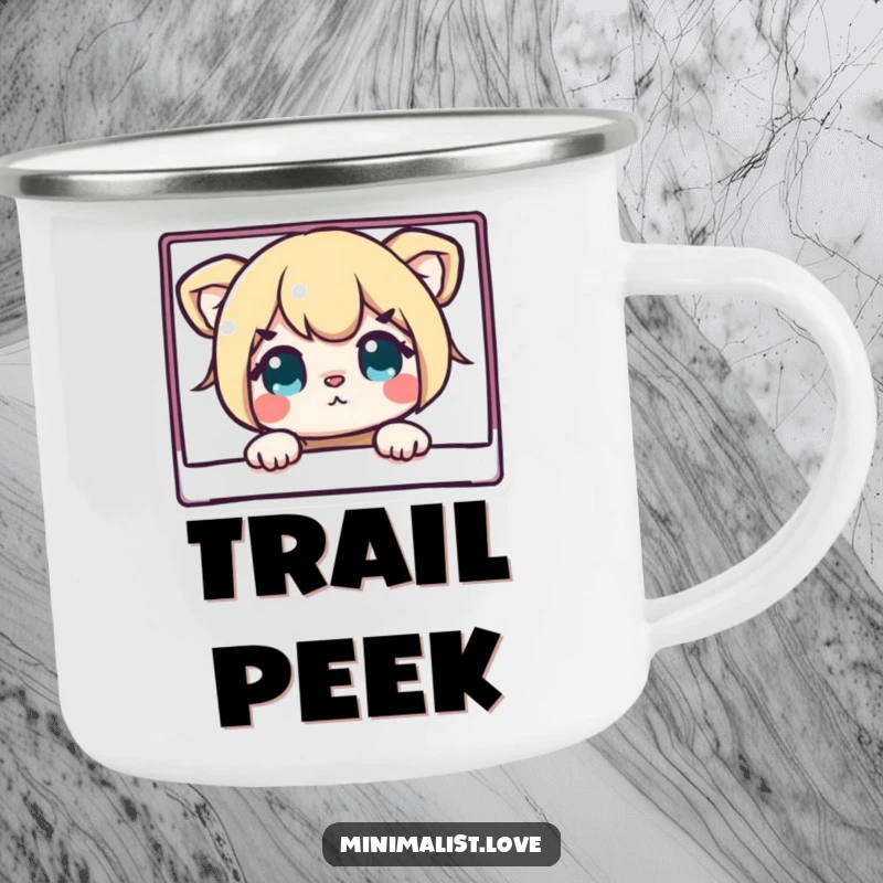 Funny camping mug with a curious character peeking from behind a very clean rectangle, designed for outdoor enthusiasts.