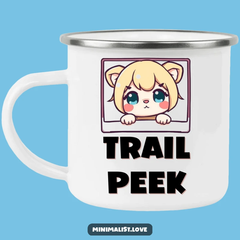 Funny Camping Mug: Curious Character Peeking Behind Clean Rectangle - Outdoor Funny Gift