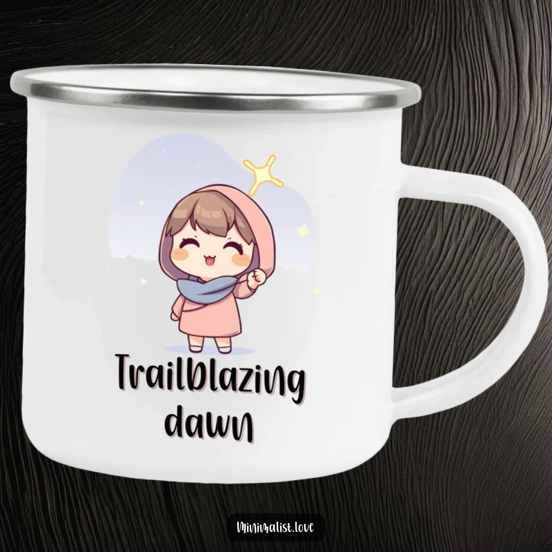 Funny Character Camping Mug: A sturdy mug depicting a hopeful character holding a glowing line aloft, for outdoor inspiration.