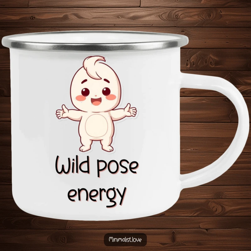 Funny Camping Mug featuring a happy character in a dramatic stark pose, ideal for outdoor adventures and humorous mornings.