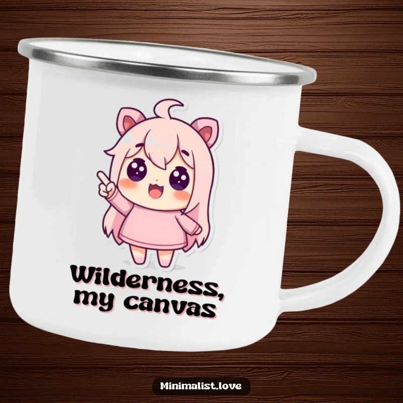 Funny camping mug showing a character pointing at an empty space, great for travel and humor.