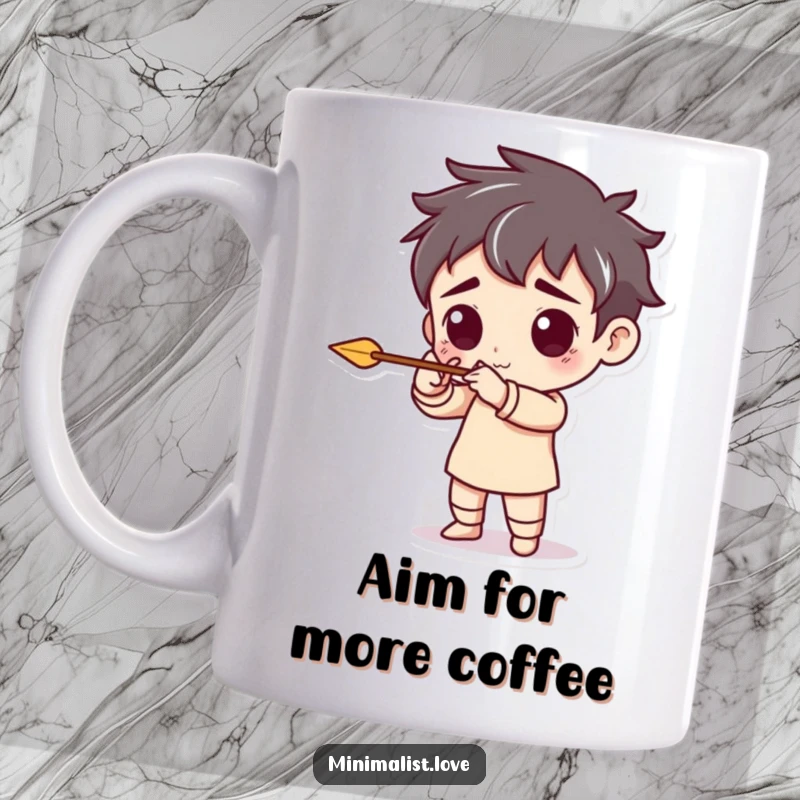 Funny mug featuring a character pretending to aim a tiny, minimalist arrow, symbolizing focus and playful intention.