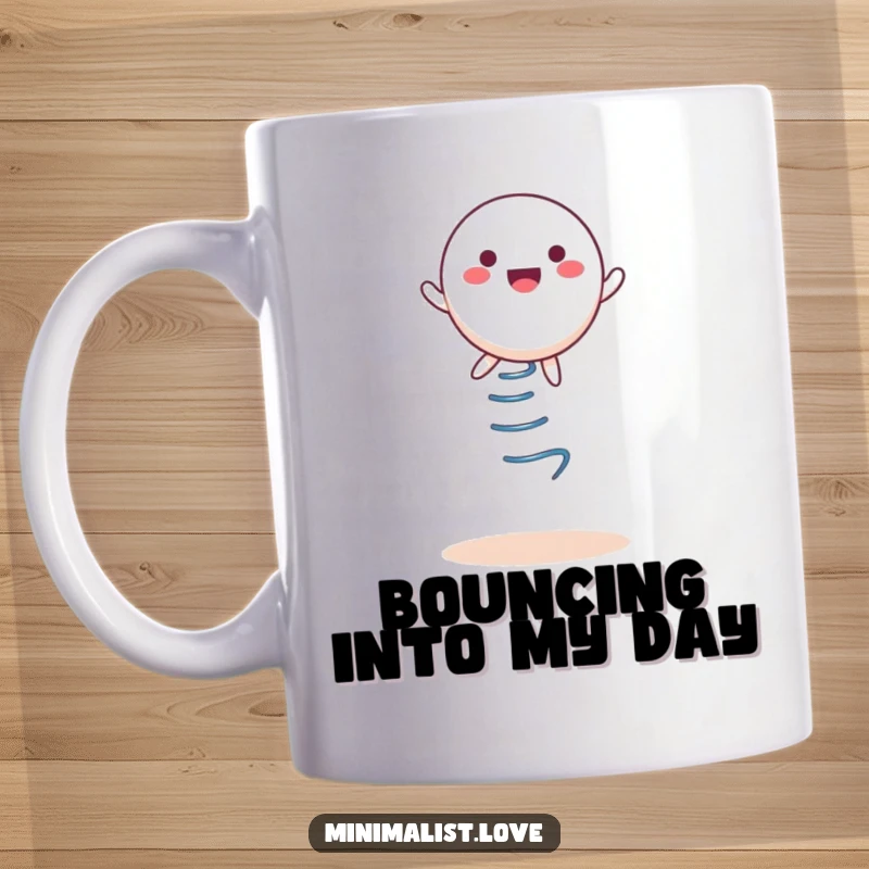 Funny Mug, a simple round character joyfully bouncing high on a single elastic spring.
