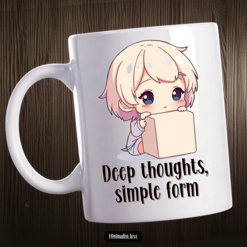 Funny mug featuring a thoughtful character gazing at a single, plain cube, perfect for contemplation.