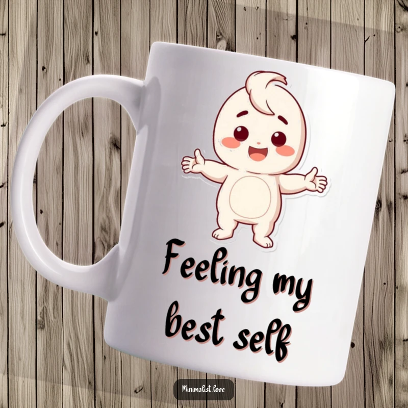 Funny Mug featuring a happy character striking a dramatic pose with open arms, radiating confidence and humor.