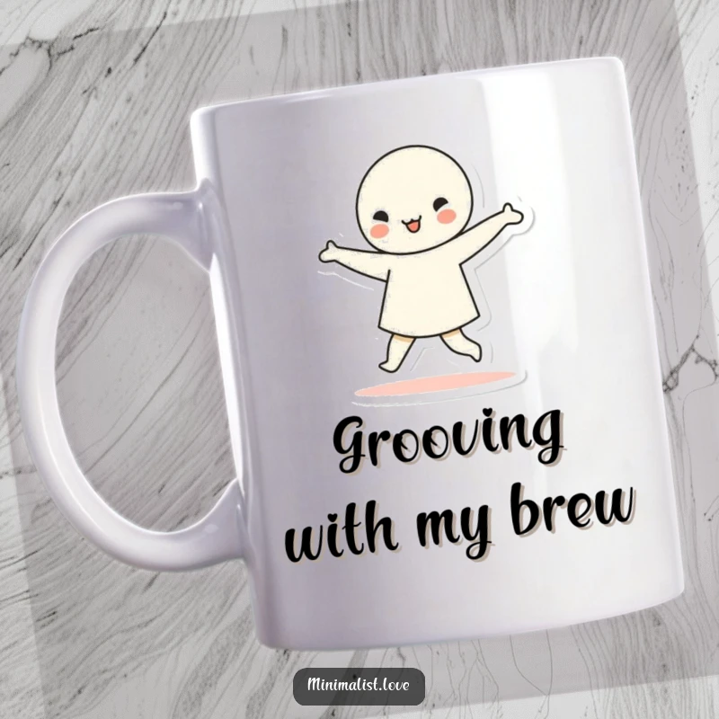 Funny minimalist character dancing joyfully with simple geometric shapes, on a ceramic mug. Abstract, rhythmic, and humorous design.