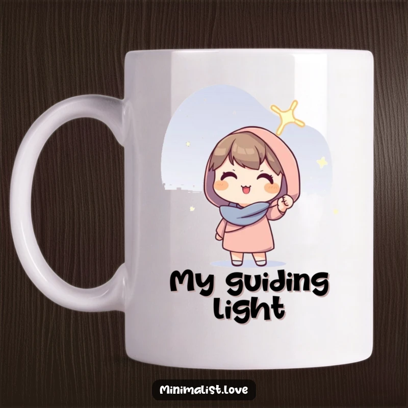 Funny Character Mug: A hopeful character stands tall, holding a single, solitary glowing line aloft with a radiant smile.