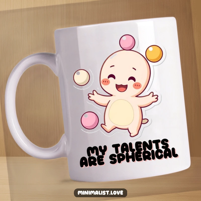 Funny Mug featuring a grinning character with dots for cheeks, playfully juggling three tiny spheres with a cheerful expression. Perfect funny gift.
