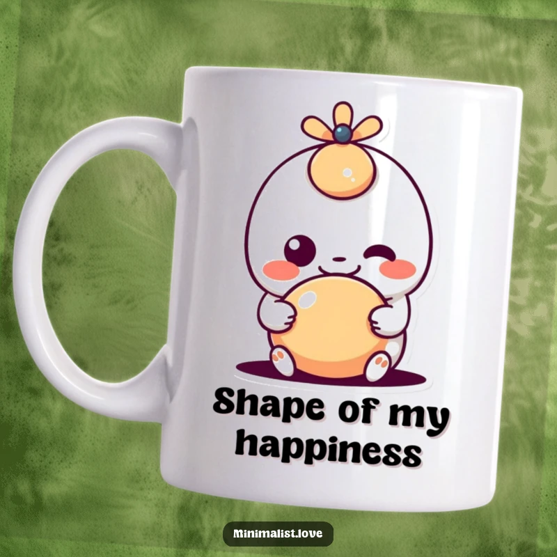 Funny kawaii character with a goofy grin interacting playfully with a simple geometric shape on a mug, embodying pure, silly joy.